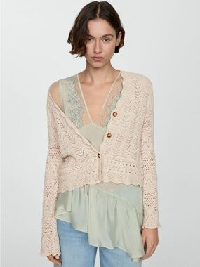 Mango Oat Crochet Knit Button Cardigan Sweater - Size Small